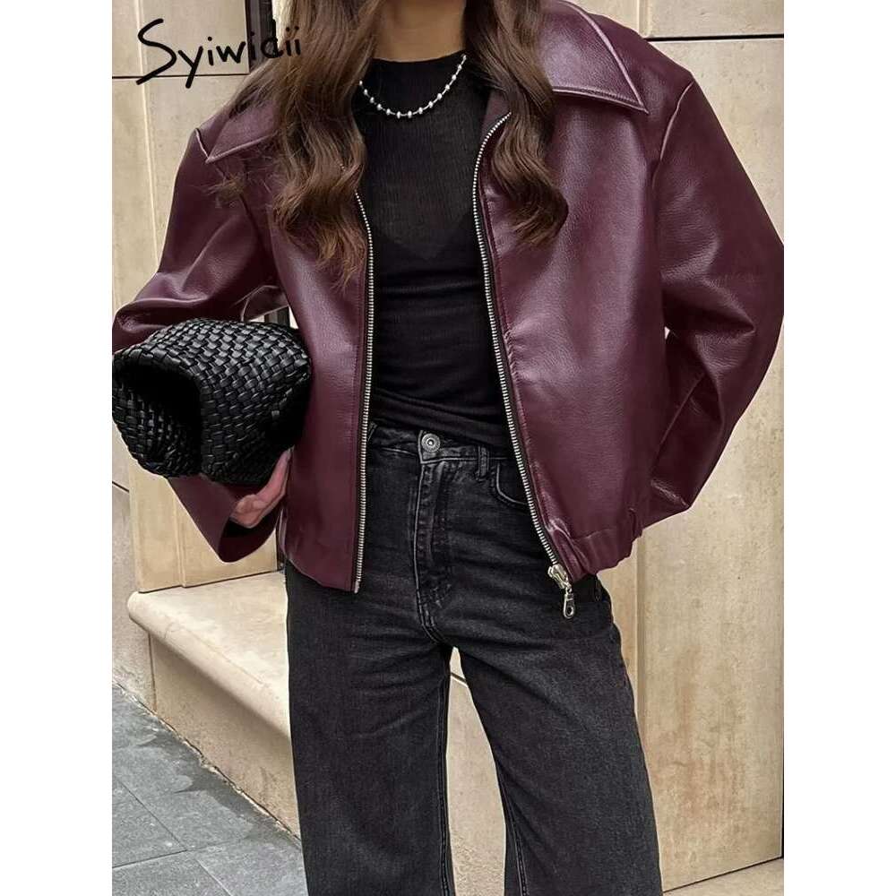 Syiwidii Faux Leather Jackets Women's Fashion Lapel Zipper Long Sleeve Outerwear 2025 New Chic Vintage High Street Ladies Coats