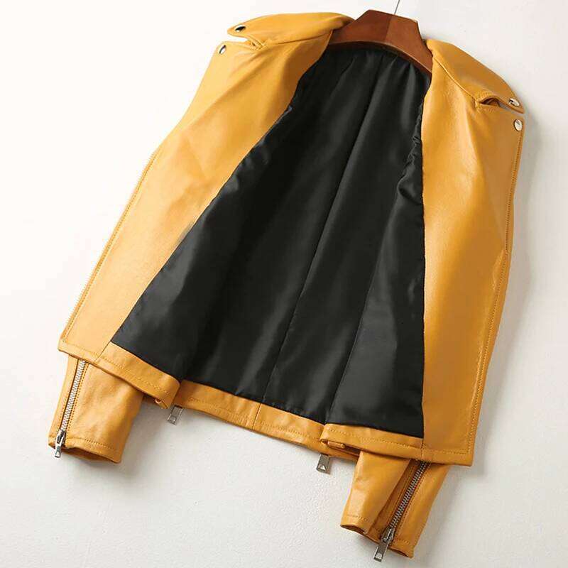 Nerazzurri Spring Short Yellow Black Blue Biker Jacket Long Sleeve Zipper Autumn Faux Leather Jackets for Women