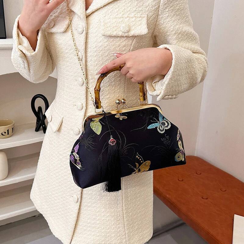 Retro Bamboo Handle Handbag Designer Embroidery Women Dumpling Satchel Fashion Nylon Crossbody Bag Lady Shoulder Bags