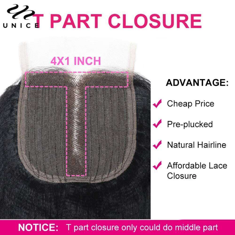 UNice Yaki Straight With Natural Color 100% Human Hair Bundles 3PCS And Middle Part 4x1 Lace Closure