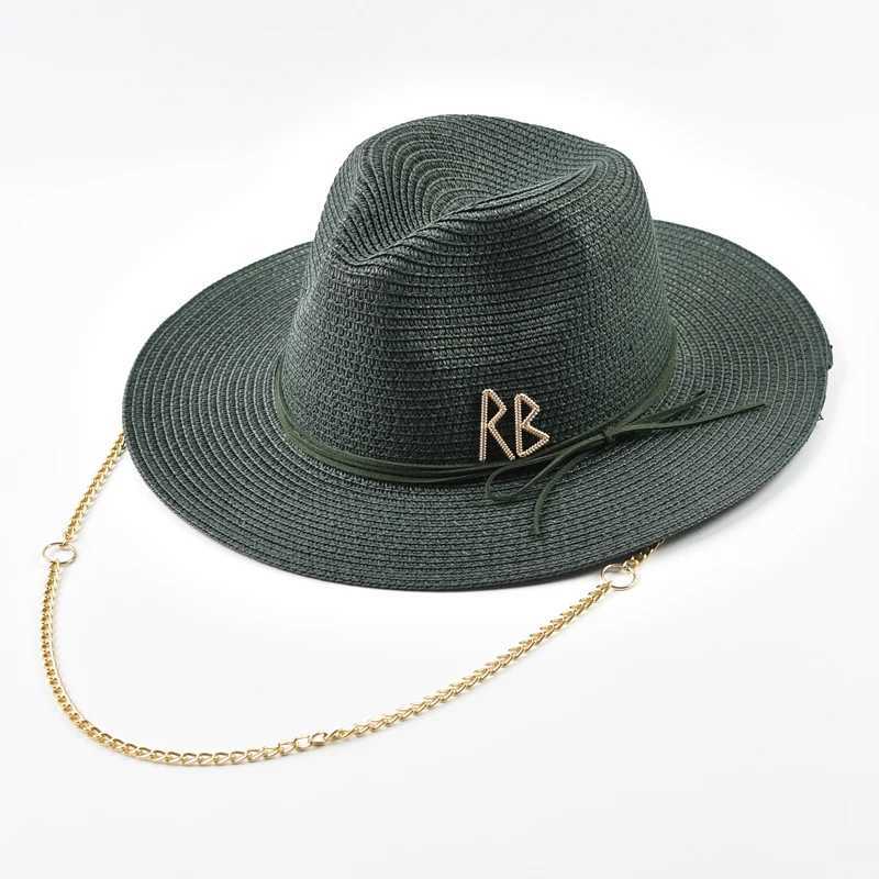 Fashionable Metal RB Letter Straw Hats for Women Men Summer Panaman Jazz Hat Outdoor Holidays Beach Sun Hat W250609