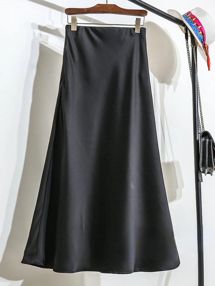 Womens Long Skirt Fashion Satin Skirt Office Lady Elastic Waist Solid Champagne Purple Red Silk A-LINE Skirt for Women 250529