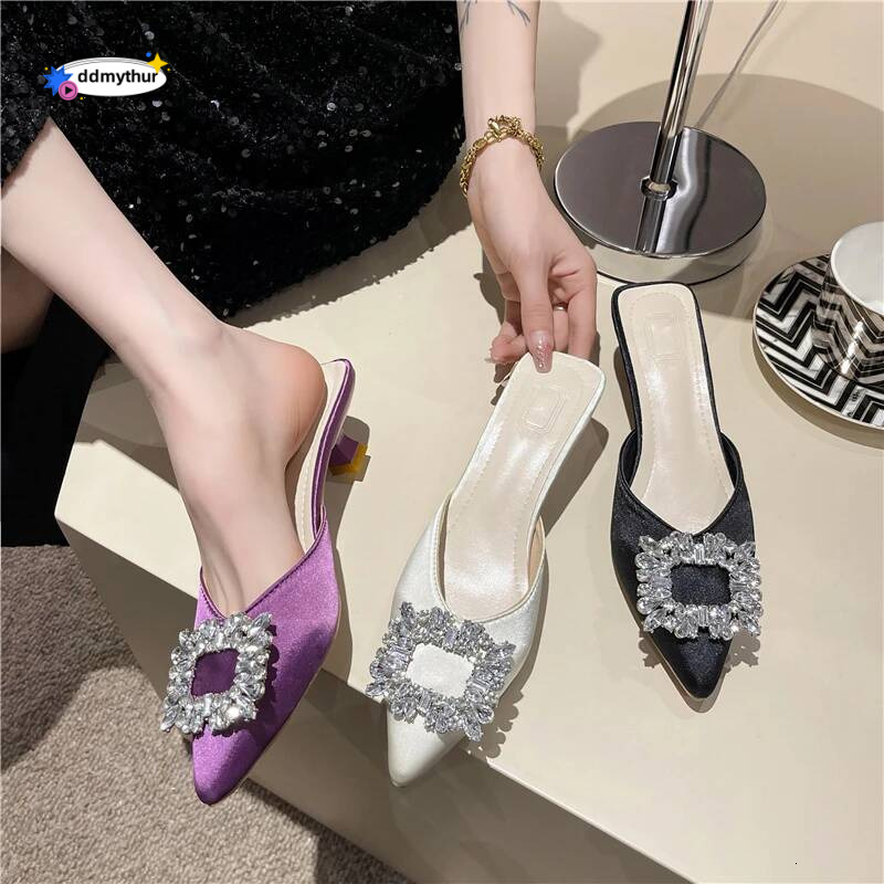 Shoes New Mules Women's High Heels Fashion Wedding Pump Women Rhinestone Pointed Toe Sandals Ladies Zapatos Mujer ddmythur