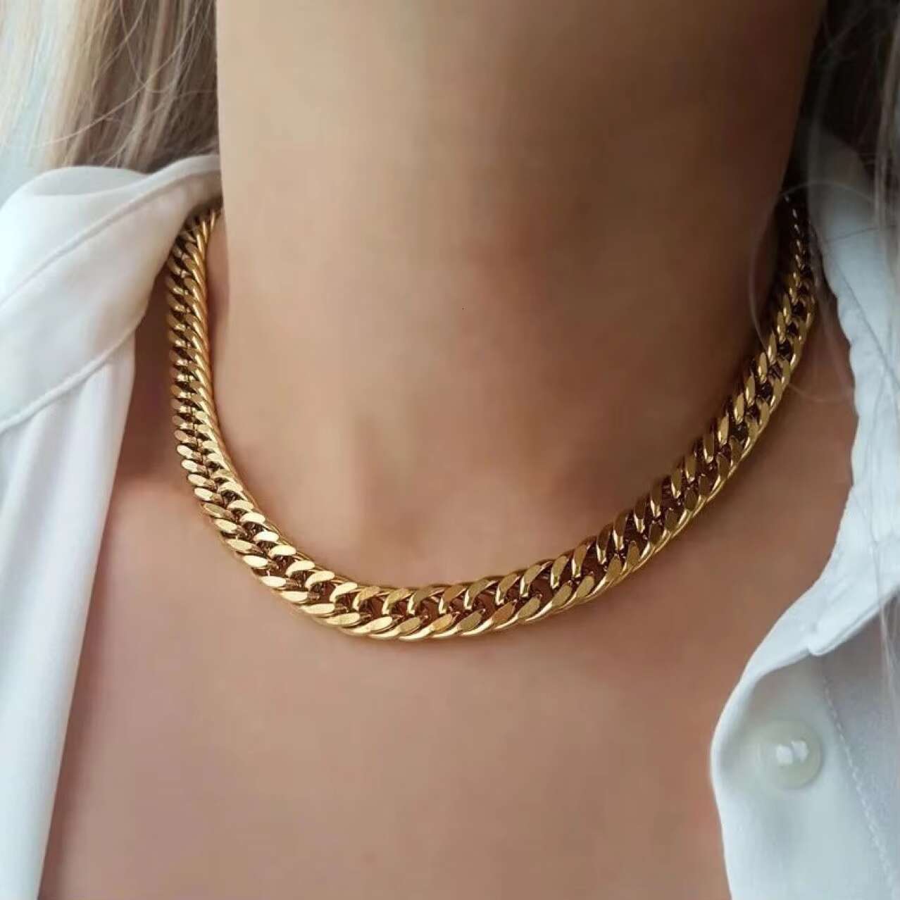 Fashion 18k Gold Plated Jewelry Stainless Steel Flat Cuban Necklace Chain Waterproof Tarnish Free Miami Cuban Chain for Women