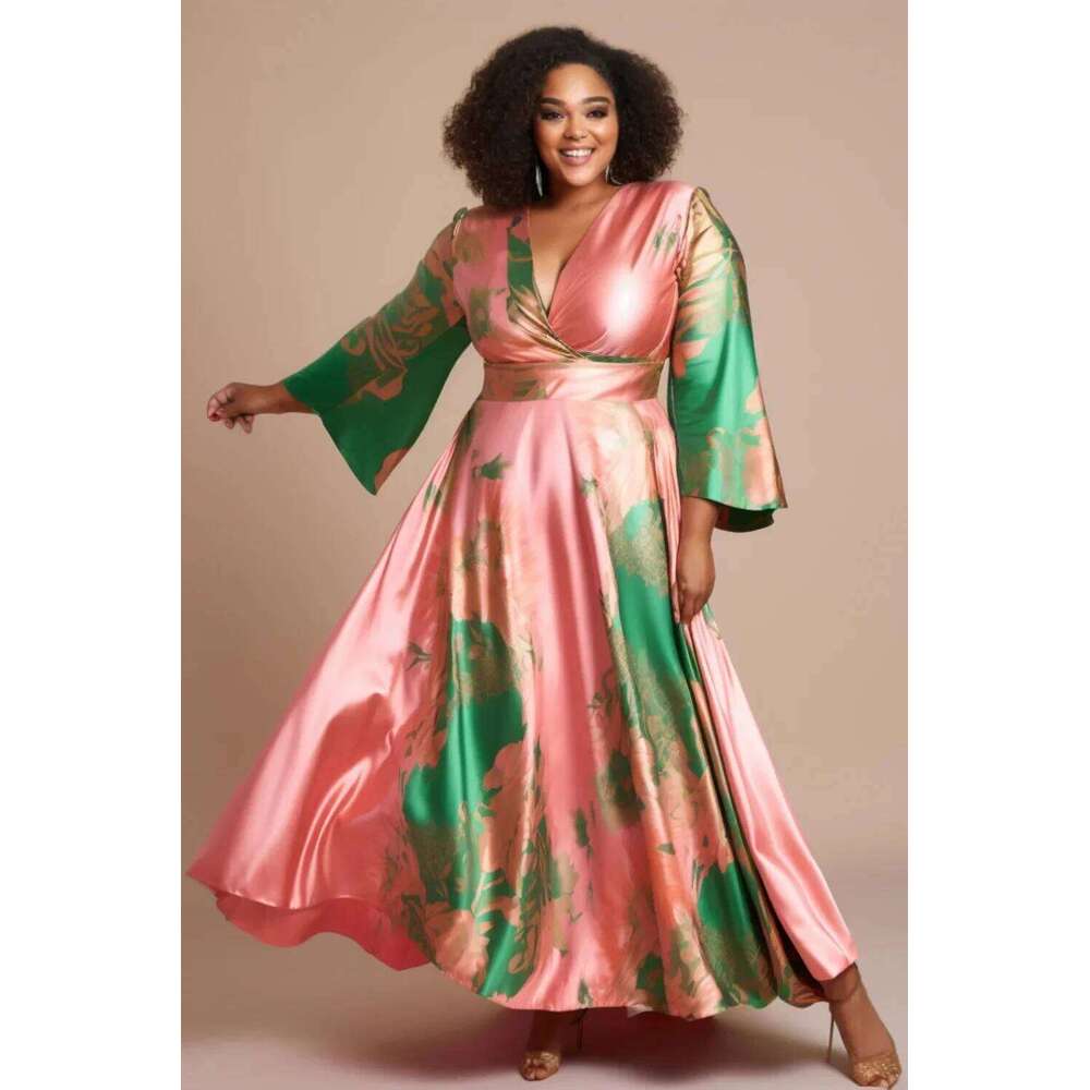 Plus Size Evening Women Flare Sleeve Elegant V-neck Satin Dress New Temperament Fashion Casual Colorblock A-line Dresses