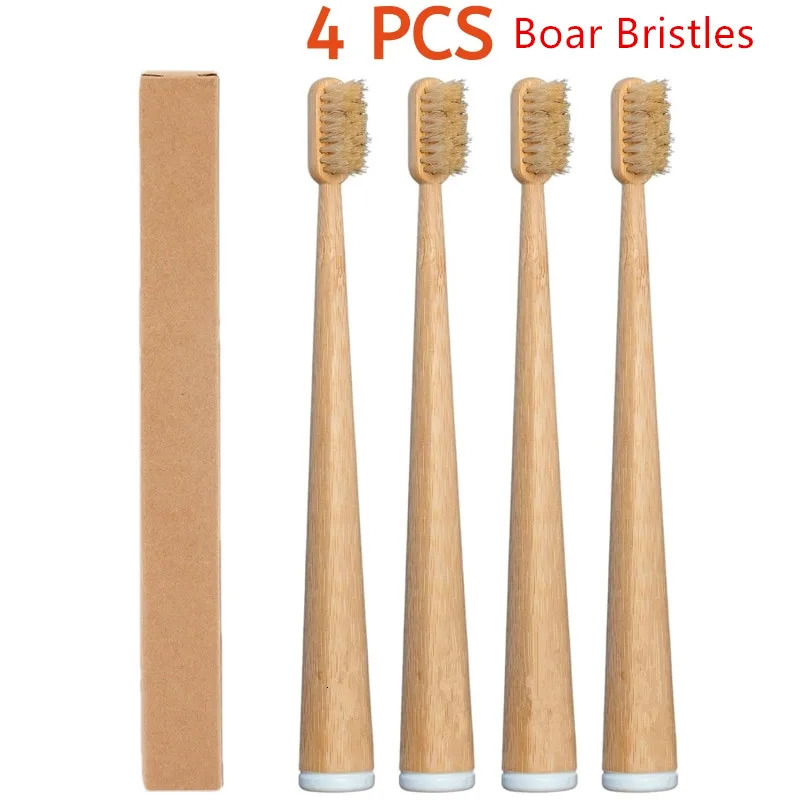 4-Pack Natural Bristle Bamboo Toothbrushes Boar Hair Bristle Bambu Toothbrush Totally Compostable Biodegradable 250604
