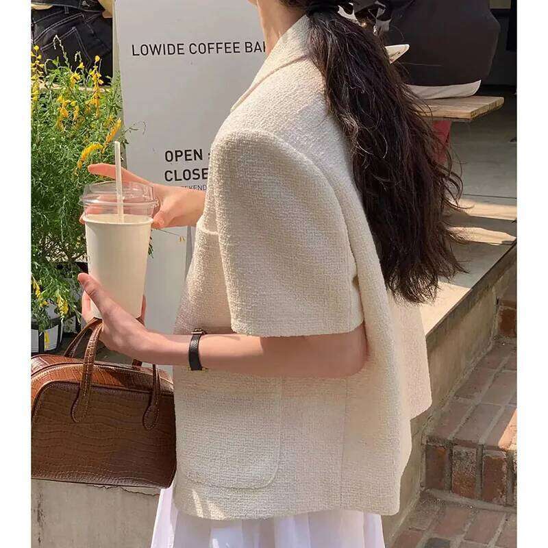 Chic Women's Suit Jacket Korean Style Lapel Single Breasted Multiple Pocket Short Sleeve Coat Summer 2025 New Fashion Loose Tops