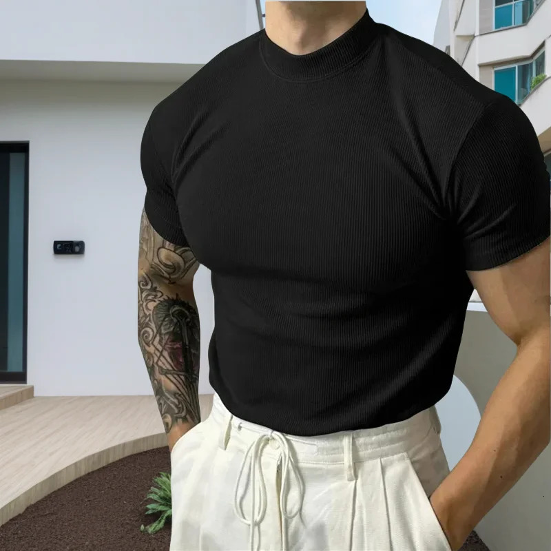spring summer Elastic Comfortable Mens T-shirt Small high collar stripe shirt short sleeve fitness tops sports casual T-shirt 250603