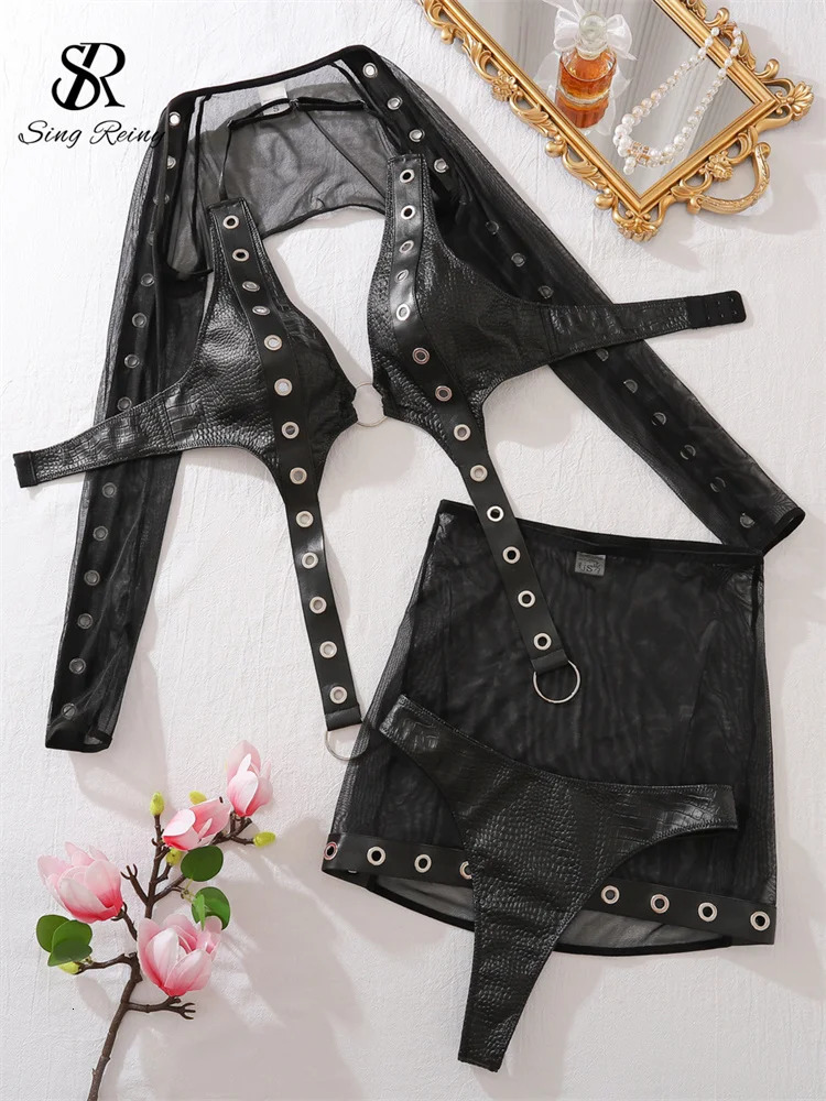 SINGREINY Fashion Spliced Sheer Sexy Lingerie 4 Pieces Suits Gauze Slim Shapewear Women Hollow Out Corset Erotic Underwear Sets 250603