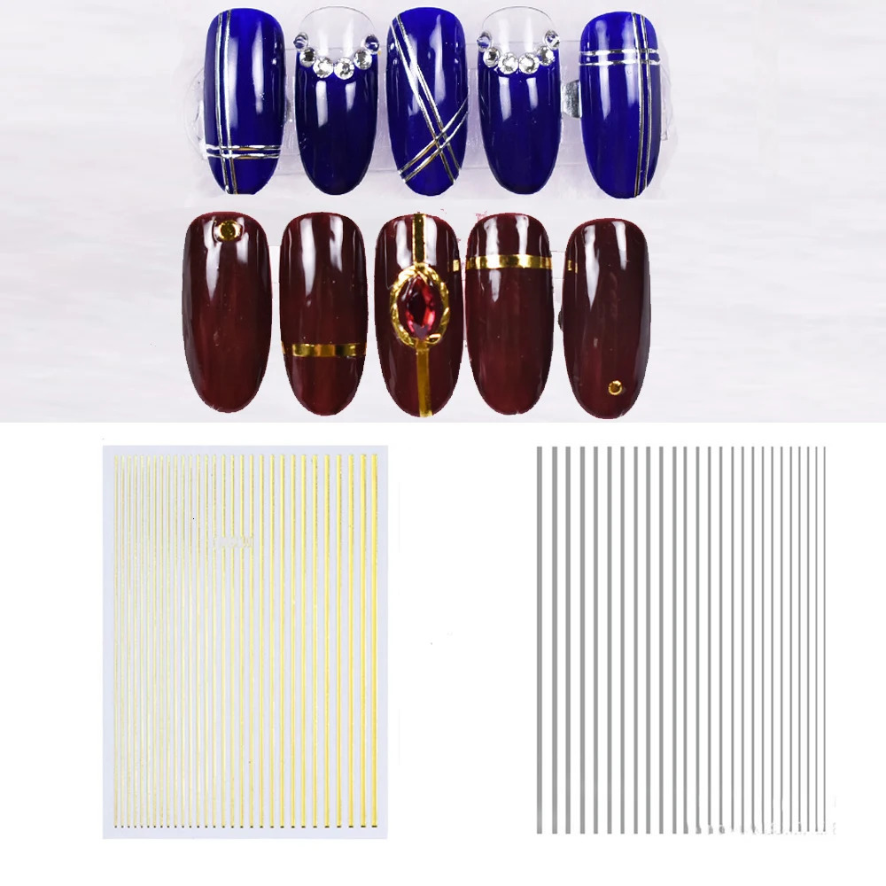 1Pc Silver Gold Lines Stripe Nail Sticker Decals Metal Strip Nails Slider 3D Self Adhesive n Art Stickers Paper 250605
