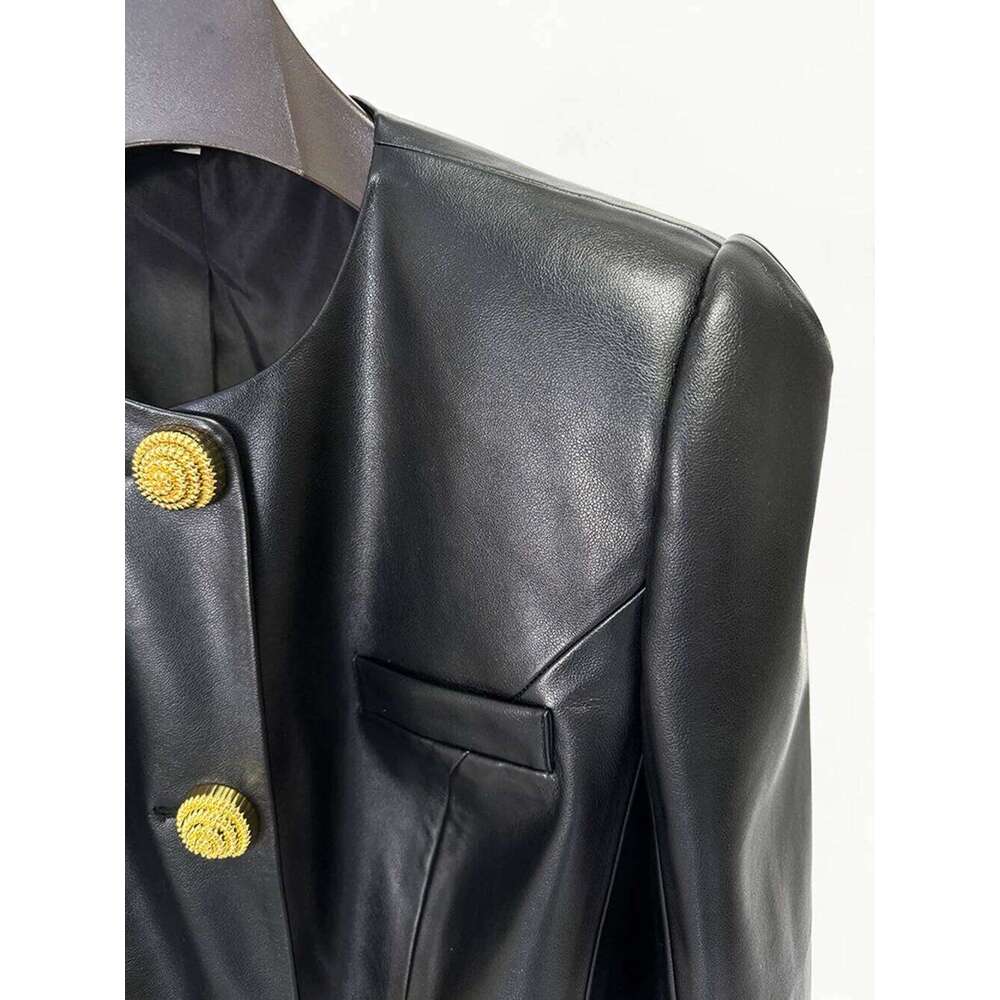 Modphy 2025 New Women'S Black Pu Leather Shiny Shrug Slim Small Suit High Quality Y2K Button Decorated Fashion Jacket