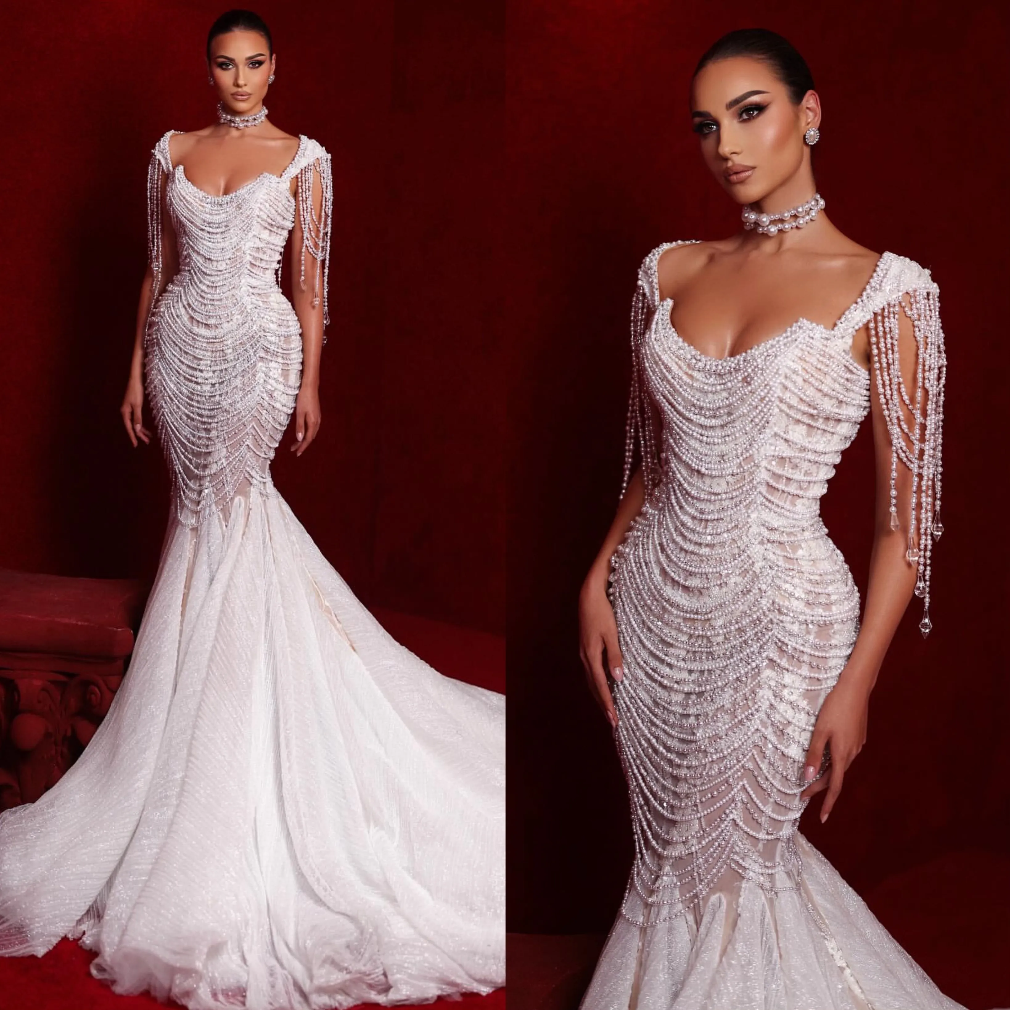 Luxury Pearls Wedding Dress Elegant Short Sleeve Lace Mermaid Bridal Gown Fashion Tassels Floor Length Bride Dresses Customized