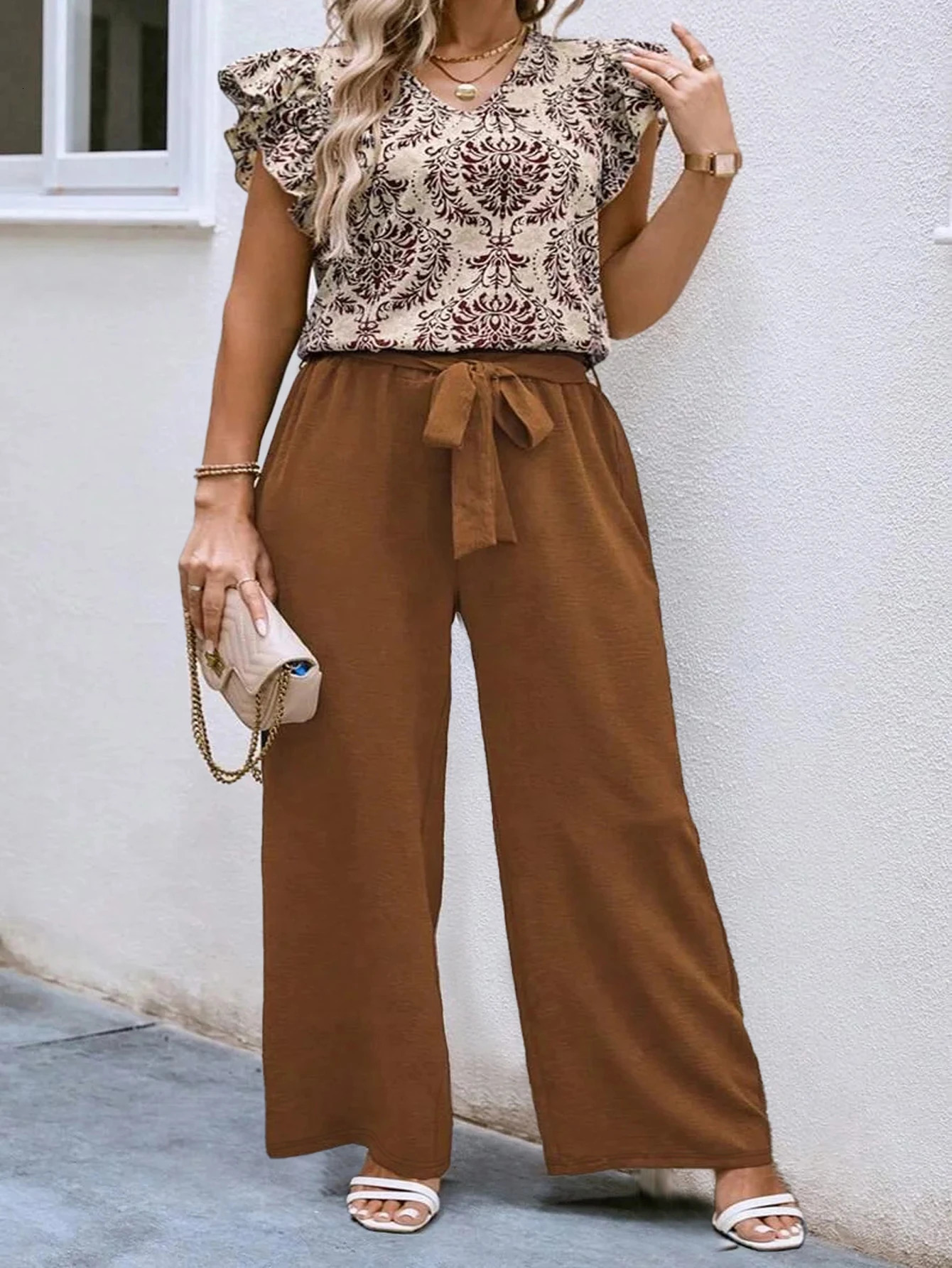 Plus Size 2024 Summer American Ethnic Style Loose Casual Vneck Two Piece Set 250603