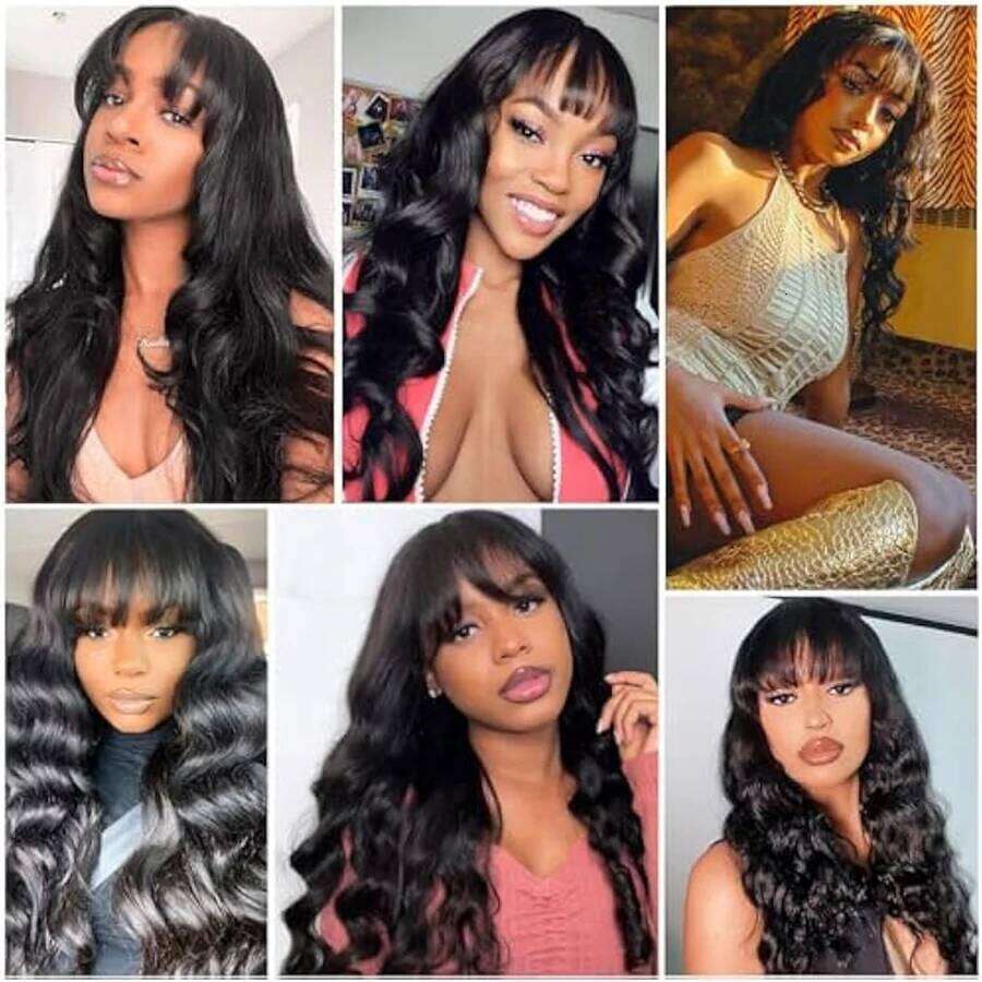 Brazilian Body Wave Long 100% Human Hair Wigs Natural Black Fringe Wig With Bangs For Women cheap wigs on Sale