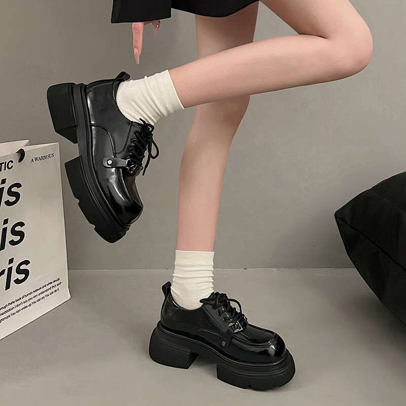 Genuine Leather British Style Women's 2024 Spring New Versatile Lace-up Single Shoes Thick Sole Height Increasing Black Loafers