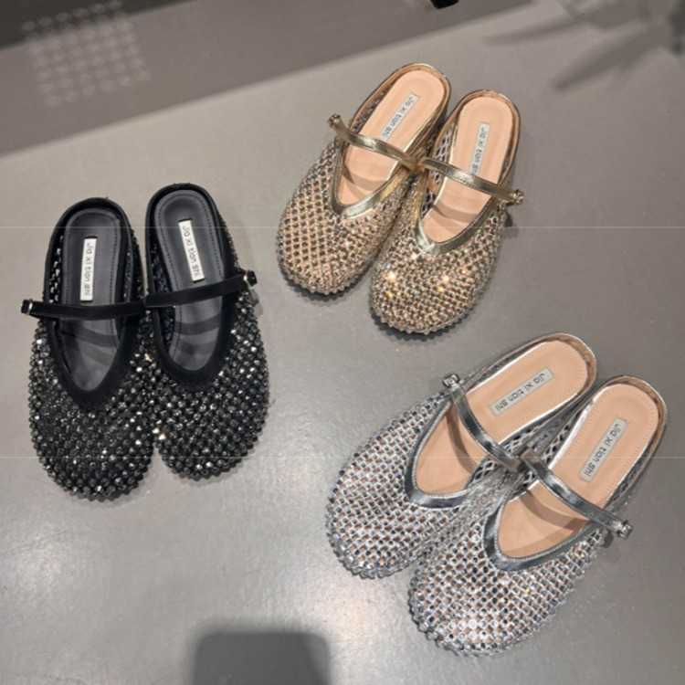 Hidden Heel Gold Fishnet Peep Toe Mules for Women Summer New Thick Sole Mary Jane French Sandals