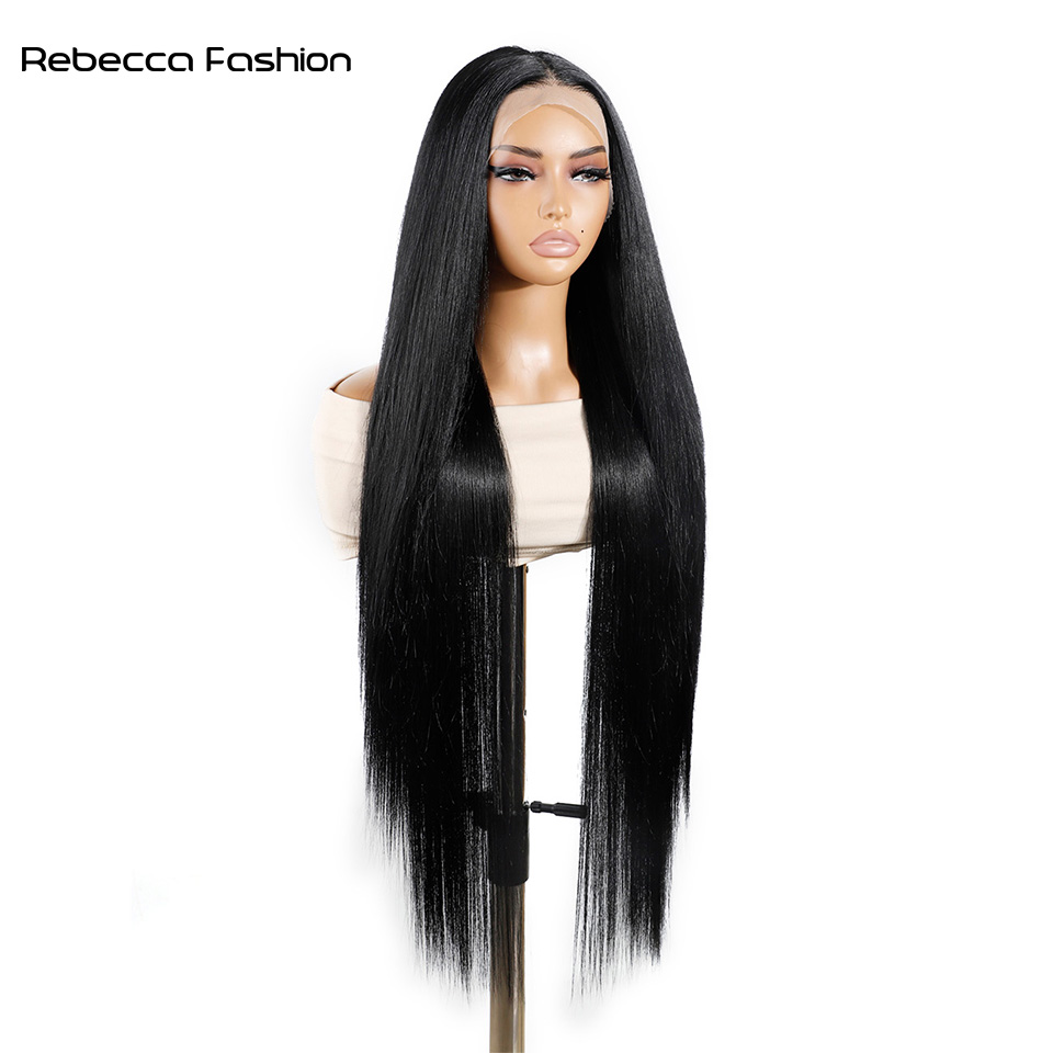 Rebecca Fashion Synthetic Front For Women 38 inch Long Straight Layered Wigs 13X4 Lace Frontal Free Part Black Cosplay Wig