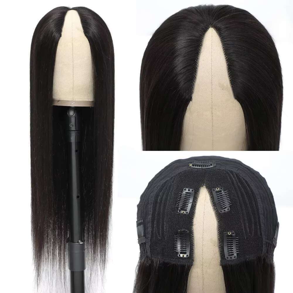 32 Inch V Part Human Hair Straight Natural Color Brazilian 200 Density Glueless Full hine Made U Shape Black Women Wig