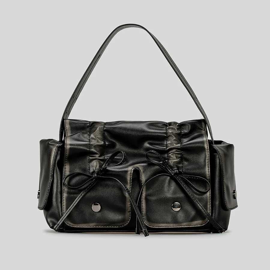 Moto biker Bags for Women Designer Handbags Nad Purses 2024 New In Distressed Pu Leatther Rivet Bow Underarm Shoulder Bag Z250609