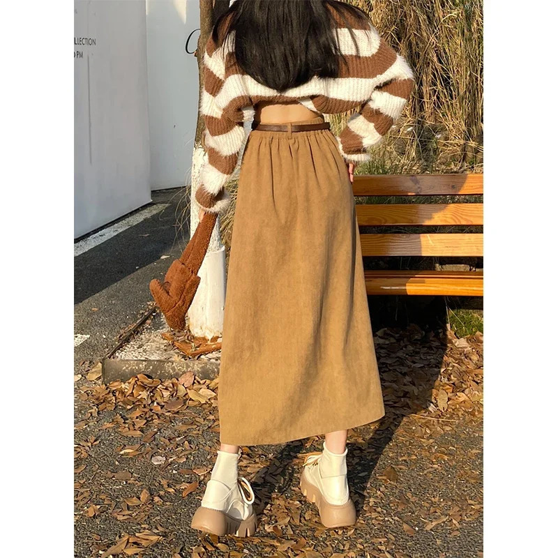 Vintage Belt Corduroy Midi Skirt Women High Waist Pleated A Line Skirts Autumn Winter Streetwear Korean Casual All Match Skirt 250529