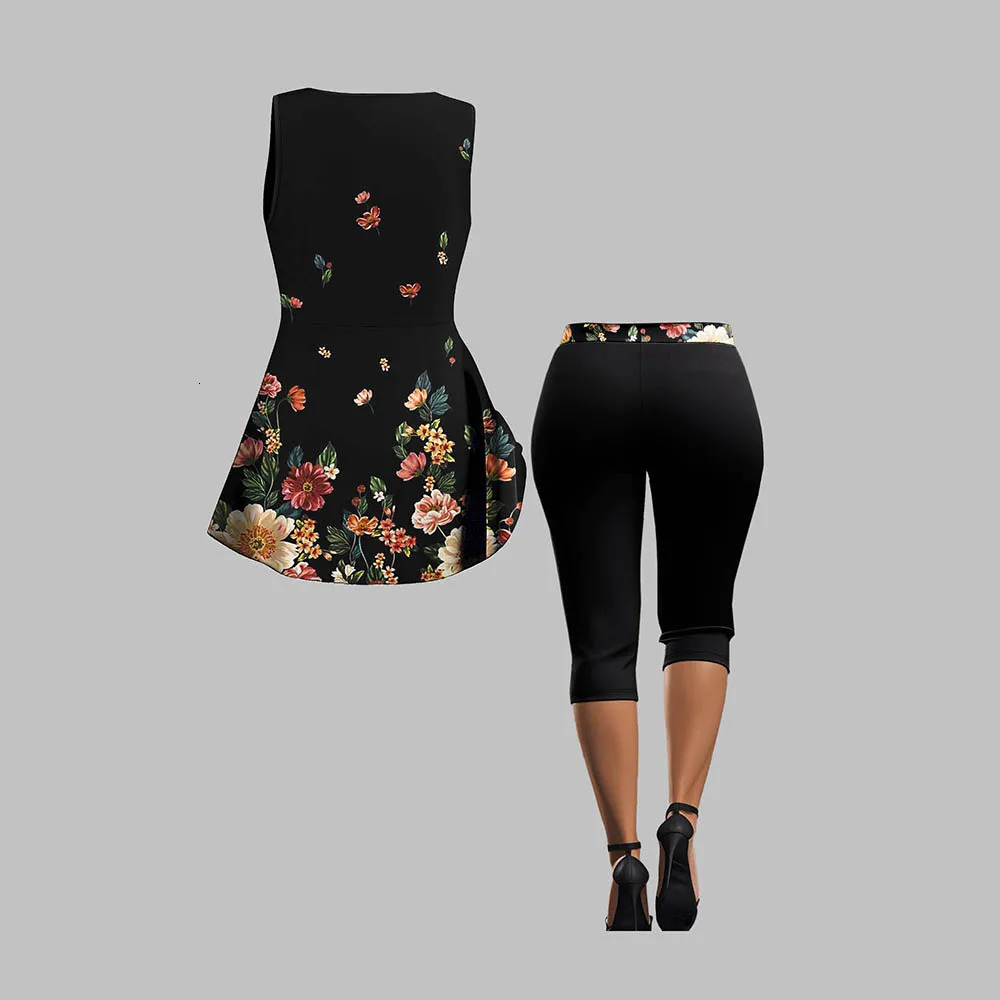 Floral Printed Casual Women Plus Size TwoPiece Set Knotted Ruched Vneck Sleeveless Summer Vest Tee And Slim Yoga 5Point Pants 250603