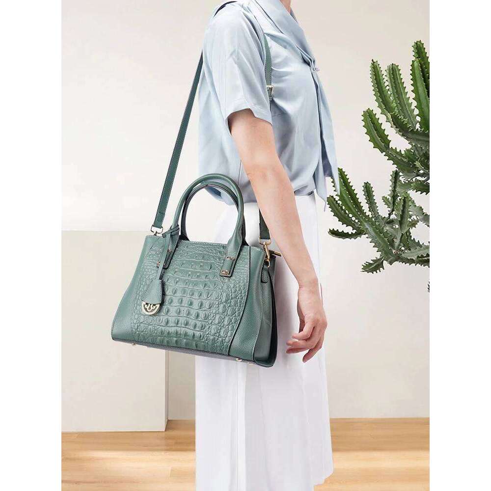 Zency Fashion Women Alligator Handbags Genuine Leather White Top-Handle Designer Crossbody Bag Tote Purse Green Blue