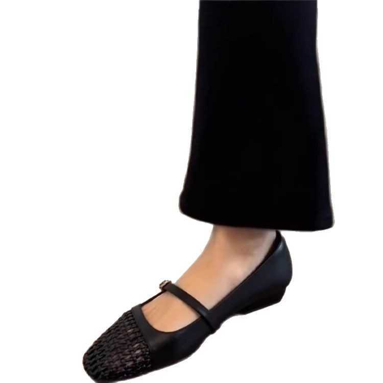 French Genuine Leather Woven Hollow Square Toe Mary Jane Shoes for Women One Strap Chunky Heel Soft Sole Commuter Versatile Flats