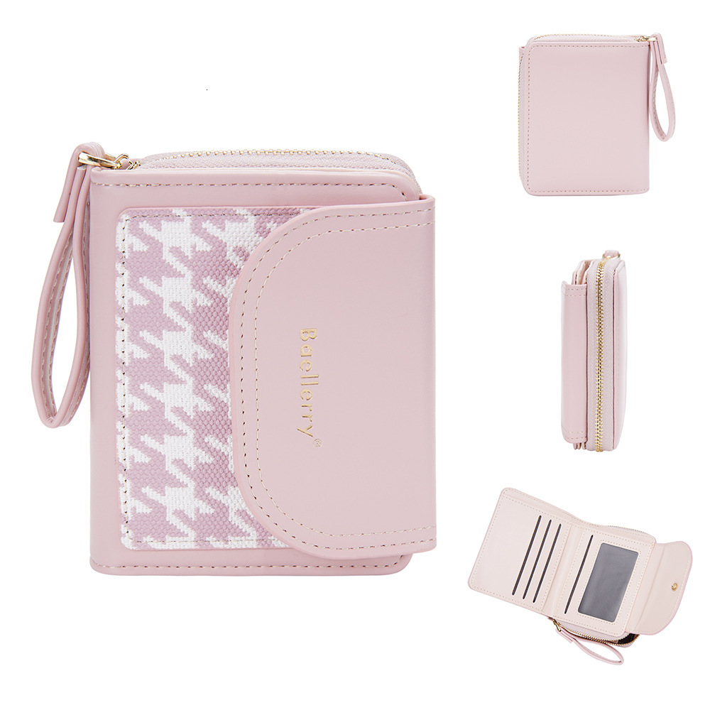 Free Shipping New Women's Short Designer Bag Wallet High-end Student Color-block Zipper Coin Purse Houndstooth PU Small Wallet Handbag
