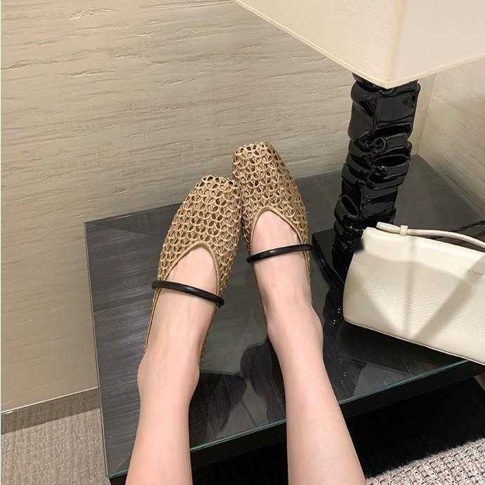 Sheepskin Version French Genuine Leather Square Toe Hollow Mesh Sandals For Women New Soft Sole Woven Mary Jane Shoes