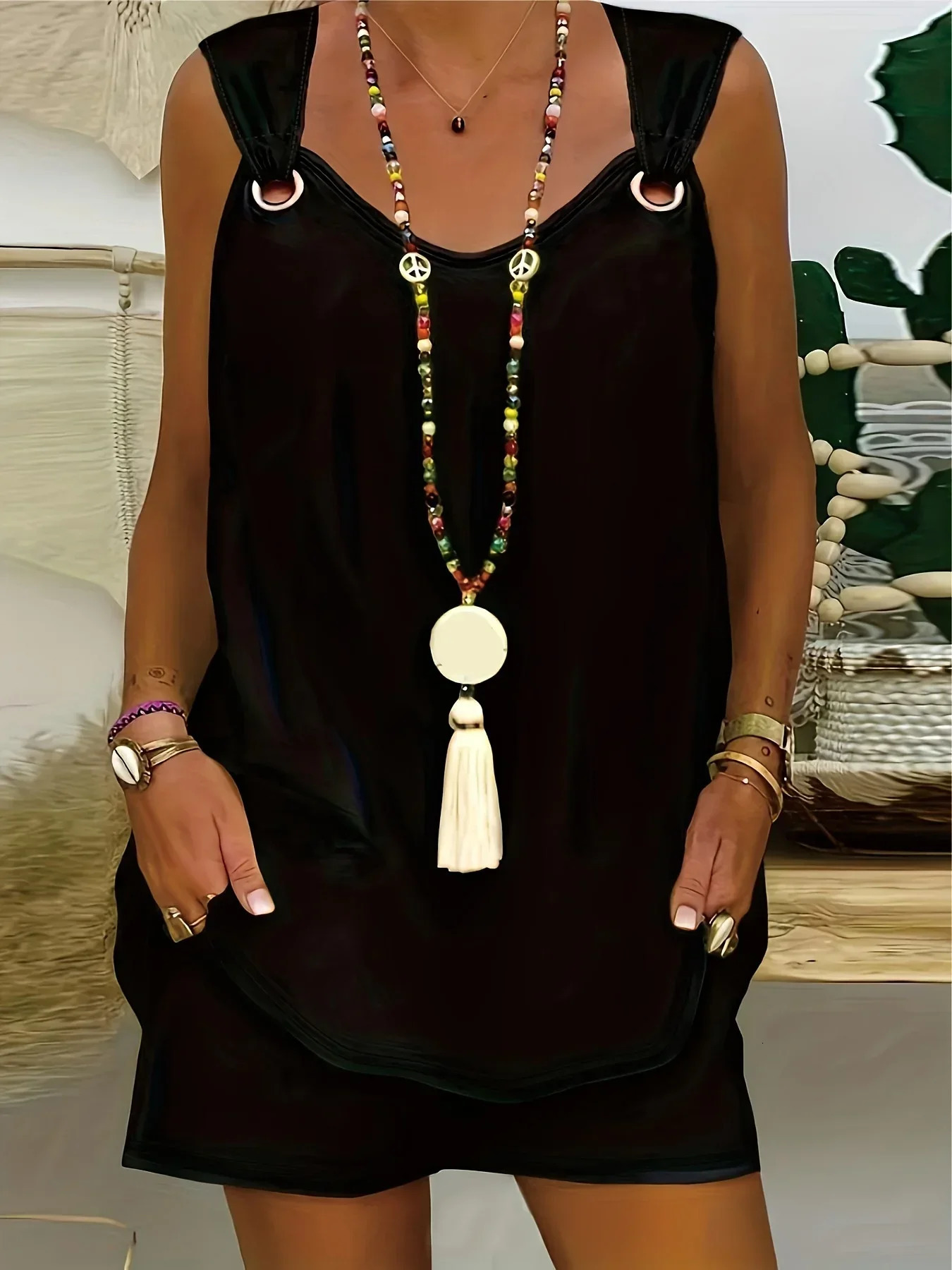 Plus Size 1XL5XL Women Solid Chic Casual TwoPiece Set Comfortable Crew Neck Tank Top Grommet Eyelet Detail Trendy Shorts 250603