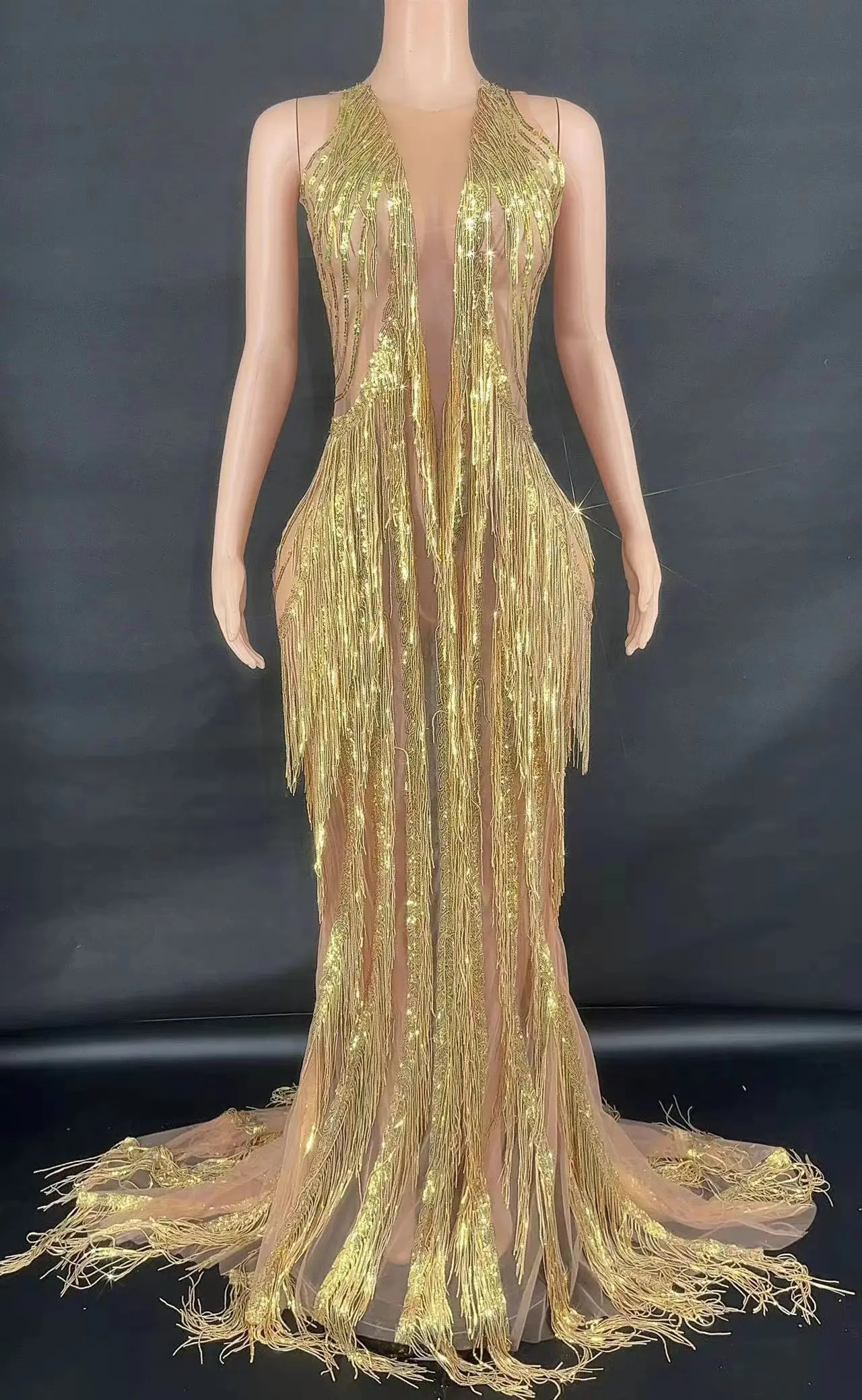 fashion dress sequin tassel sexy mesh See through fringe birthday party wedding performance Latin pole dance drag queen clothing 250605