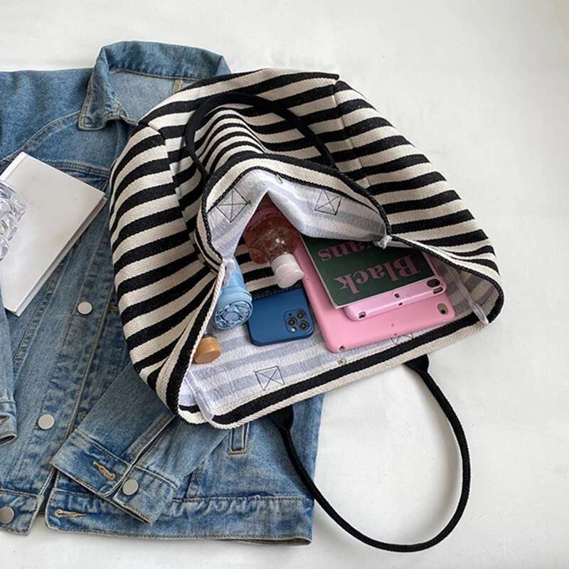 2024 New Beach Fashion Women Canvas Summer Large Capacity Striped Bag Tote Handbag Shopping Shoulder Bags