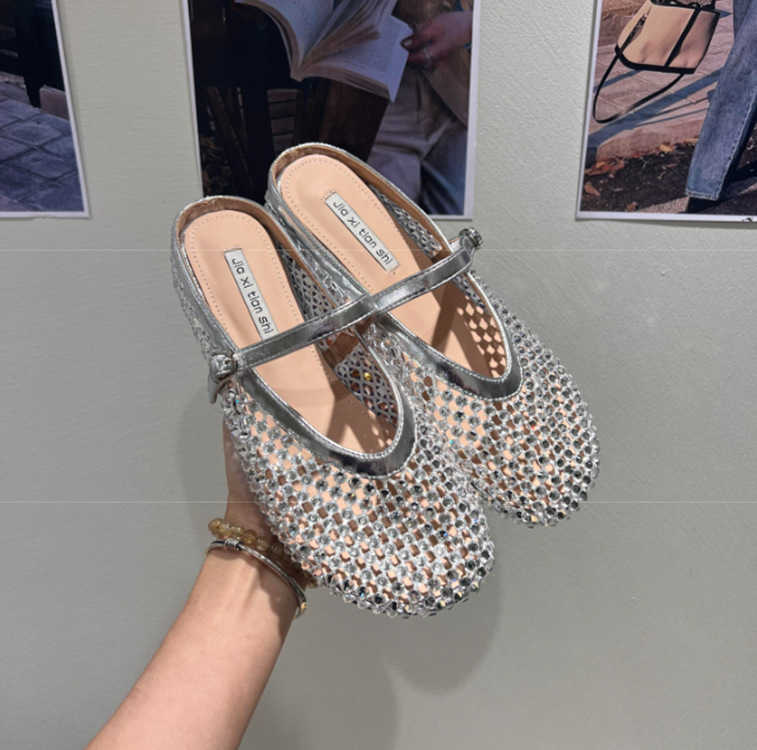 Hidden Heel Gold Fishnet Peep Toe Mules for Women Summer New Thick Sole Mary Jane French Sandals