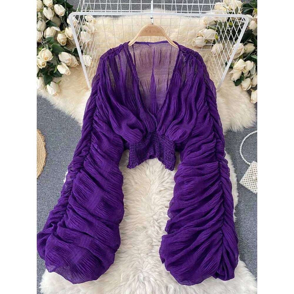 Summer Sexy Draped Chiffon Blouse For Women Elegant V-Neck Puff Long Sleeve Short Tops Female Slim Party Shirts 2022 New Fashion