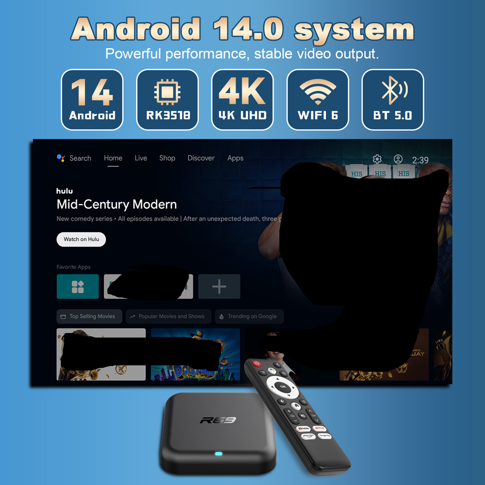 R69 RK3518 Android 14 Voice Remote TV Box 8G 16G 32G ROM 2G RAM 100M Ethernet Smart Media Player Full 4K Android Box Set Top Box