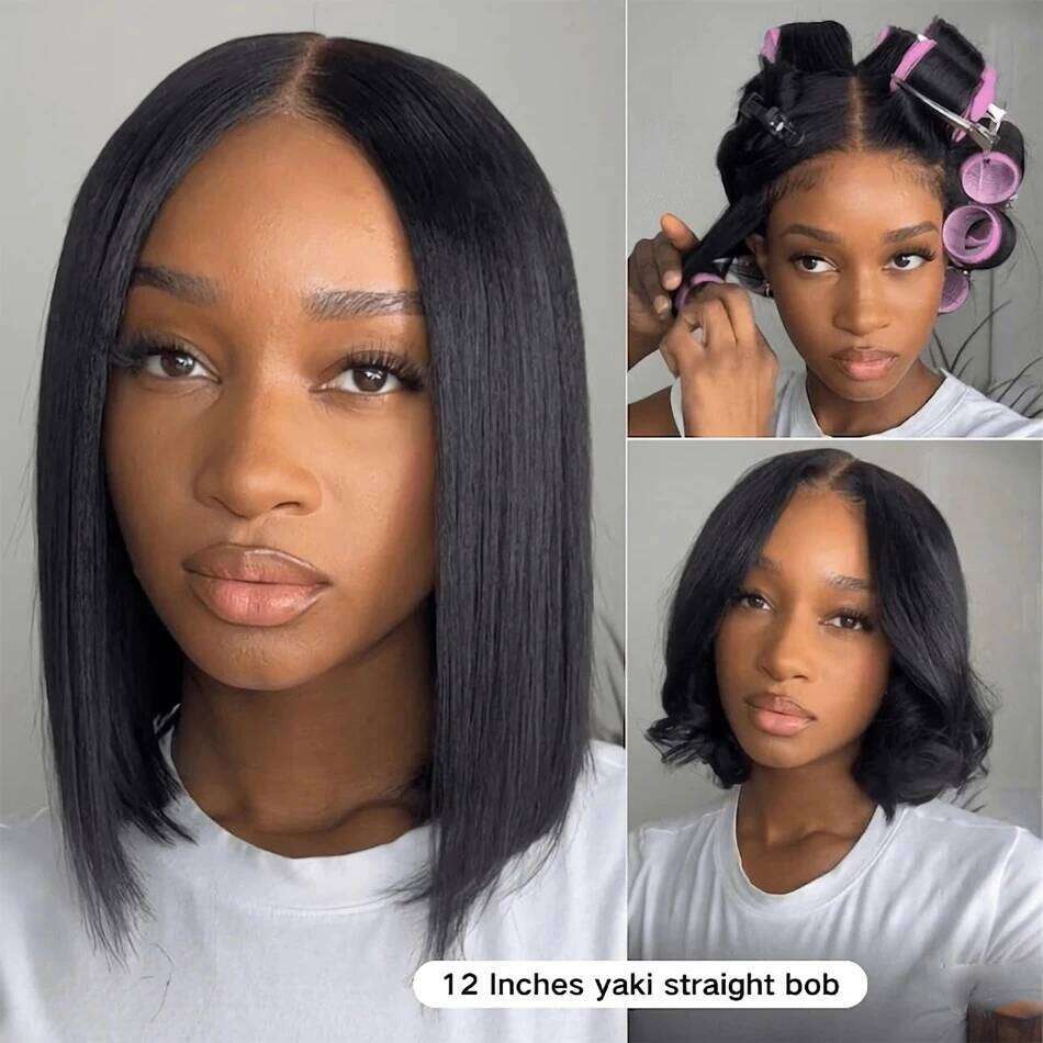 12A Kinky Lace Frontal 100% Human Bob Wigs For Black Women Yaki Straight Brazilian Remy Hair Wig Natural Color