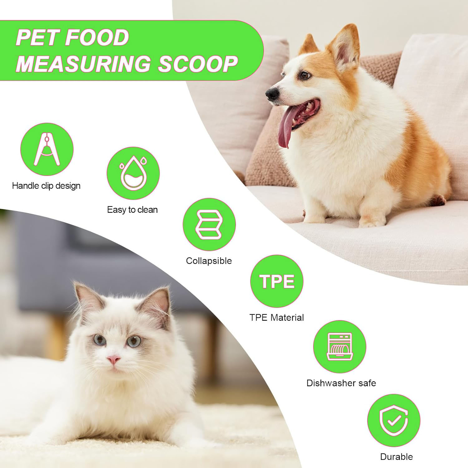 Silicone Collapsible Pet Scoop Food Measuring Cup For Cats Dogs Multi-Function Sealed Bag Clip Cat Litter Shovel Pets Food Water Scooper Set 1/4 1/2 C