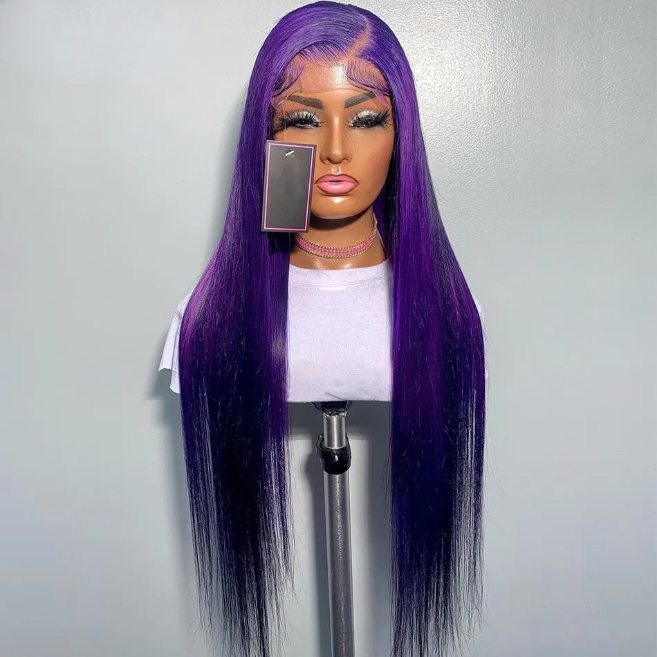 Purple Colored Straight Lace Front Wig Pre Plucked 13x4 HD Transparent Purple Lace Frontal Wigs For Women Human Hair Synthetic