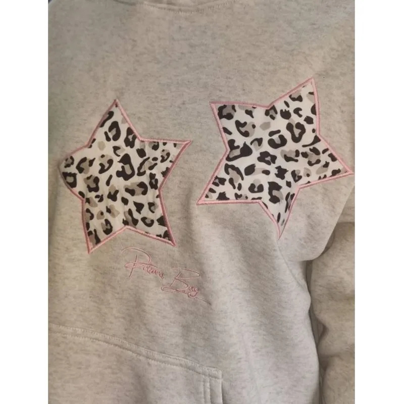 Ladies Autumn Winter Simple Grey Pullover Hoodie Leopard Print Pentacle Star Loose Y2K Basic All-in-one Fashion Casual Tops 250603