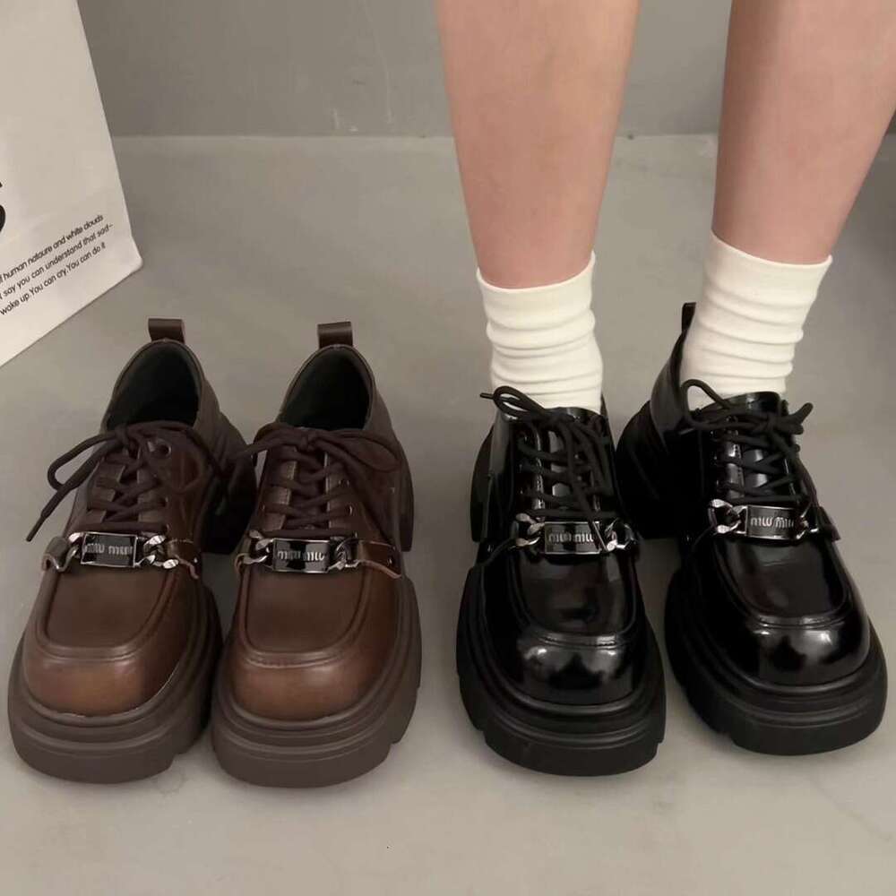 Genuine Leather British Style Women's 2024 Spring New Versatile Lace-up Single Shoes Thick Sole Height Increasing Black Loafers