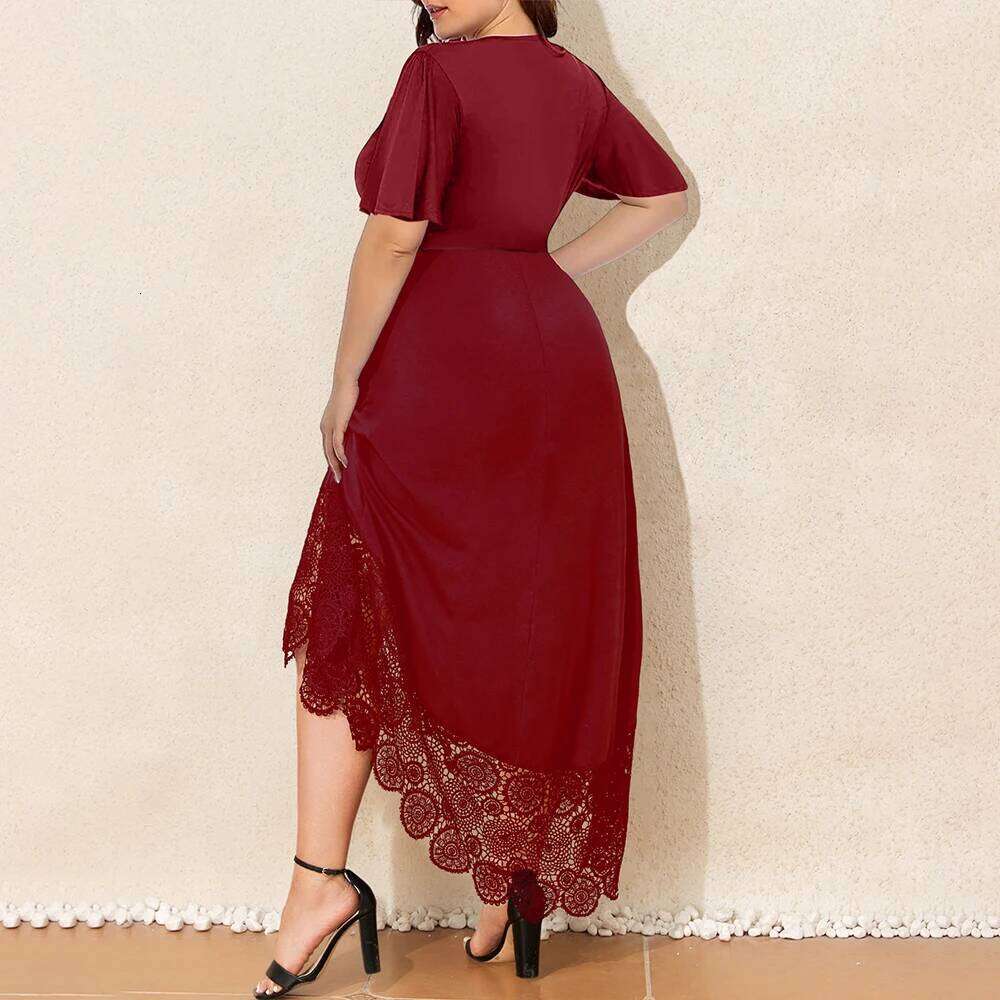 Plus Size Womens Sexy Lace Floral V-Neck Pockets Midi Dress Ladies Short Sleeve Evening Party tail Ball Gown Sundress XL-5XL