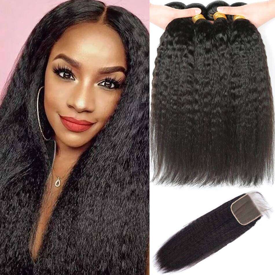 kinky 13X4 Transparent Frontal Yaki Straight 100% Human Hair With 4x4 Lace Closure and Bundles