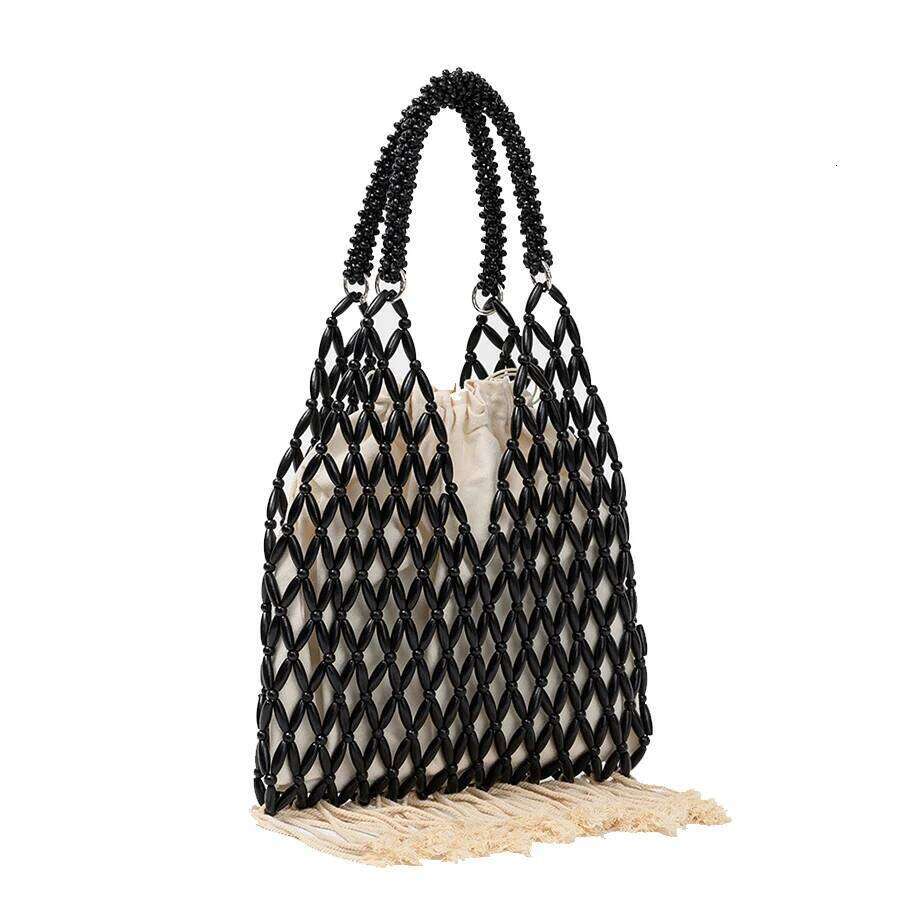 Summer Braided Bead Purse Handbags Solid Color Hollow-Out Woven Tote Female Travel Fringe Beach Reticulate Netted Canvas Clutch