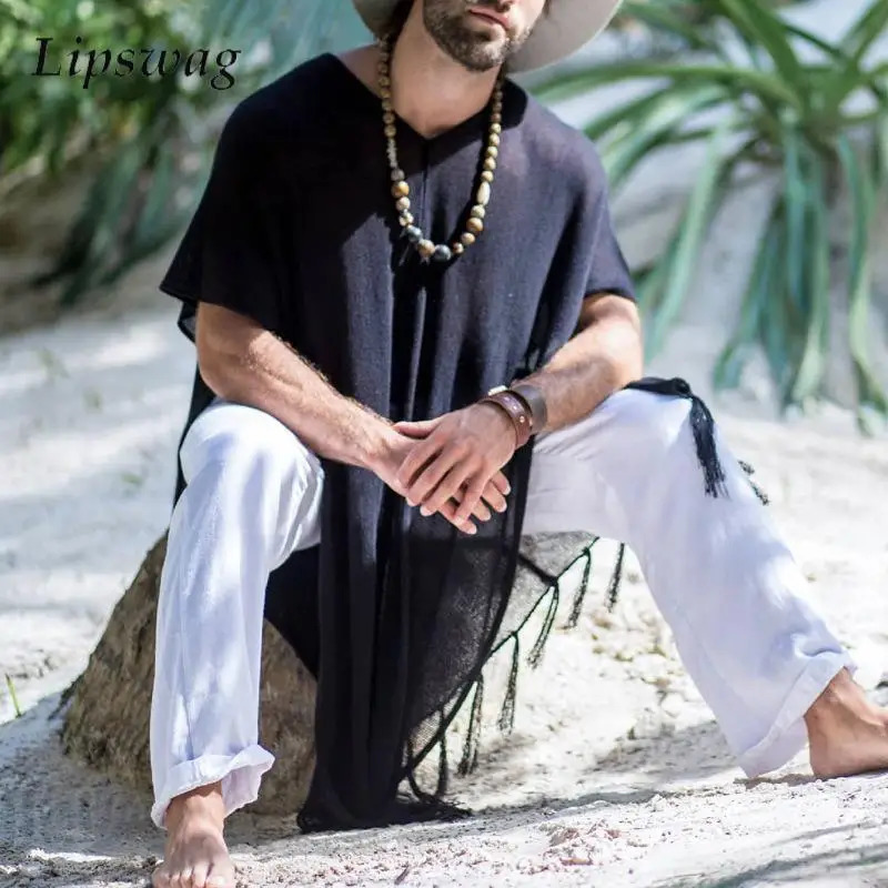 Vacation Seaside Beach Casual Loose Cloak Men Summer Leisure Breathable Cover-up Shirt Mens Boho Vintage Tassel Tops Pullovers 250603