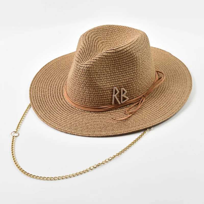 Fashionable Metal RB Letter Straw Hats for Women Men Summer Panaman Jazz Hat Outdoor Holidays Beach Sun Hat W250609