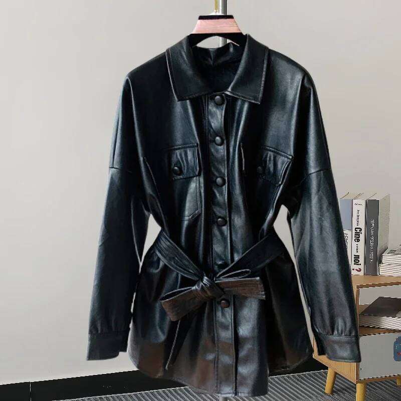 New Mid Women Faux PU With Belt Black Wine Red Casual Lapel Single-breasted Long Sleeve Fake Leather Jacket