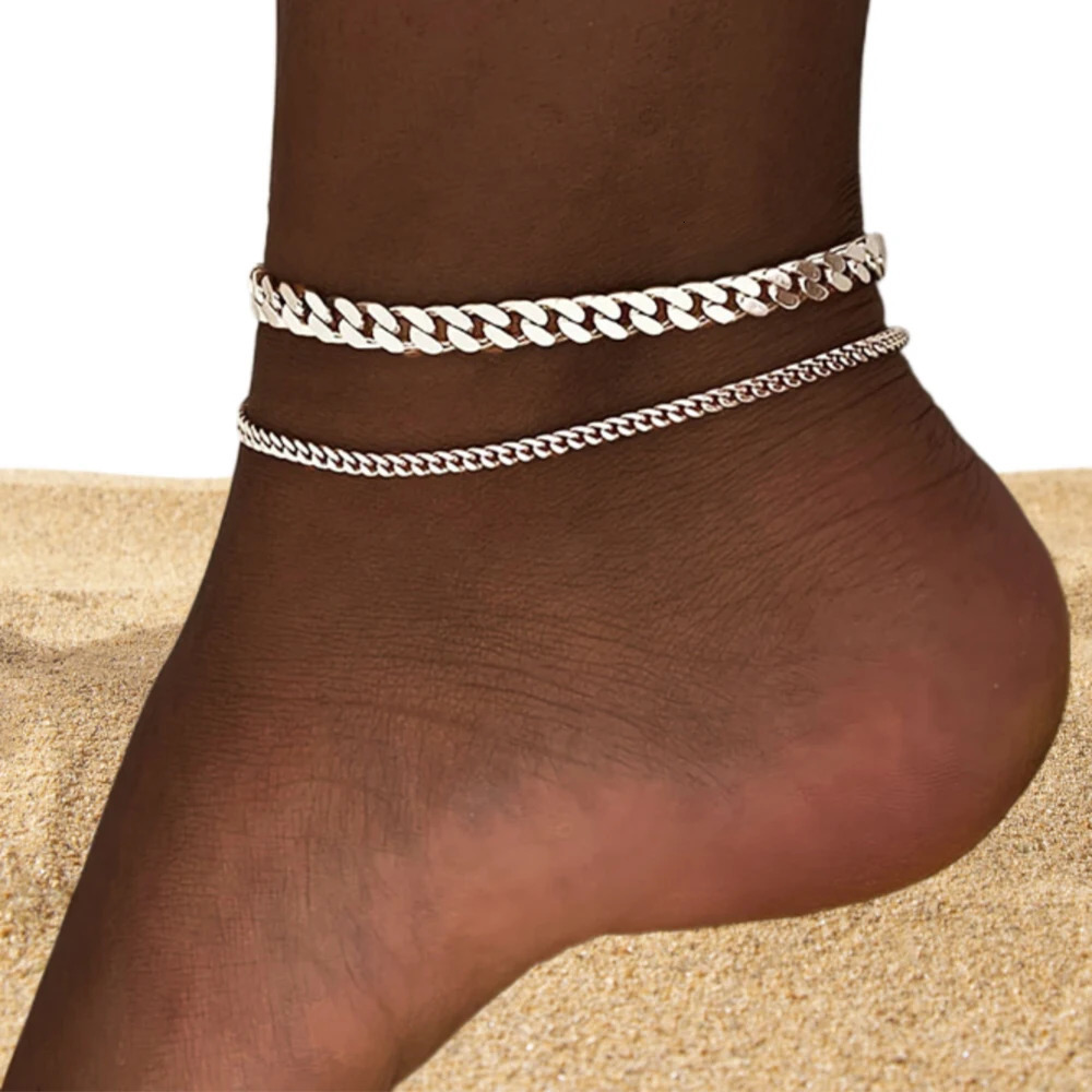 2PCS Simple Thick Thin Minimalist Gold Color Metal Chain Anklet Set for Women Casual Ankle Bracelet on Foot Jewelry Accessories 250528