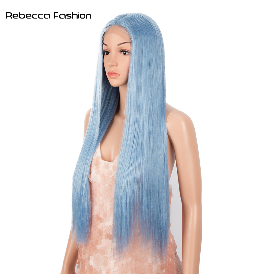 Rebecca Fashion Synthetic Blue Highlights Colors Straight Wig Middle Part Lace Wigs For Black Women Heat Resistant Cosplay