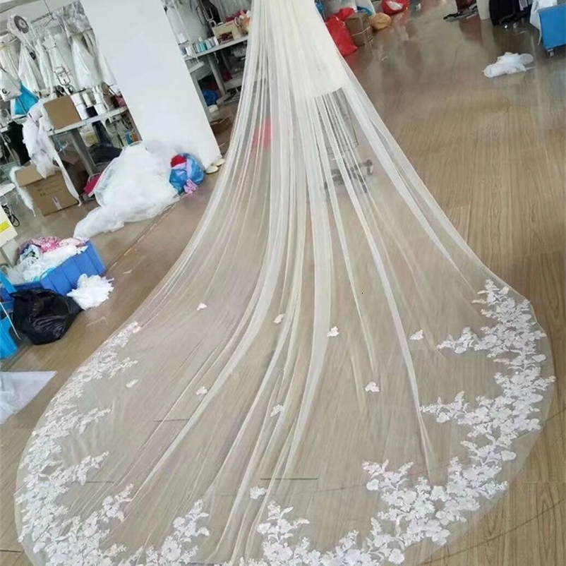 Po 4m 5m One Layer Wedding Veil With Comb White Lace Edge Bridal Veils Ivory Appliqued Cathedral Wedding WED VEIL 250530