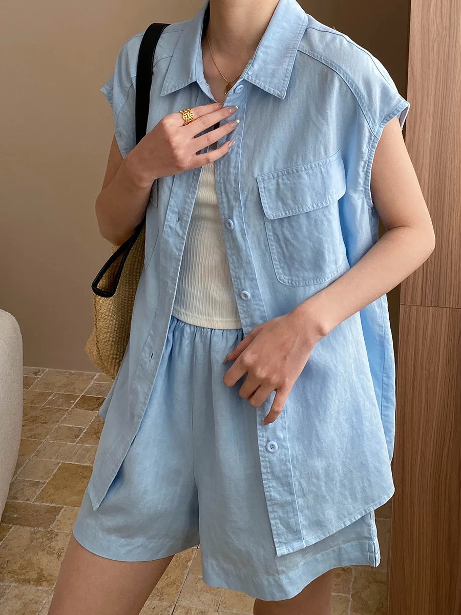 summer womens casual linen set solid color lapel sleeveless pocket decoration shirthigh waisted loose shorts set 250606
